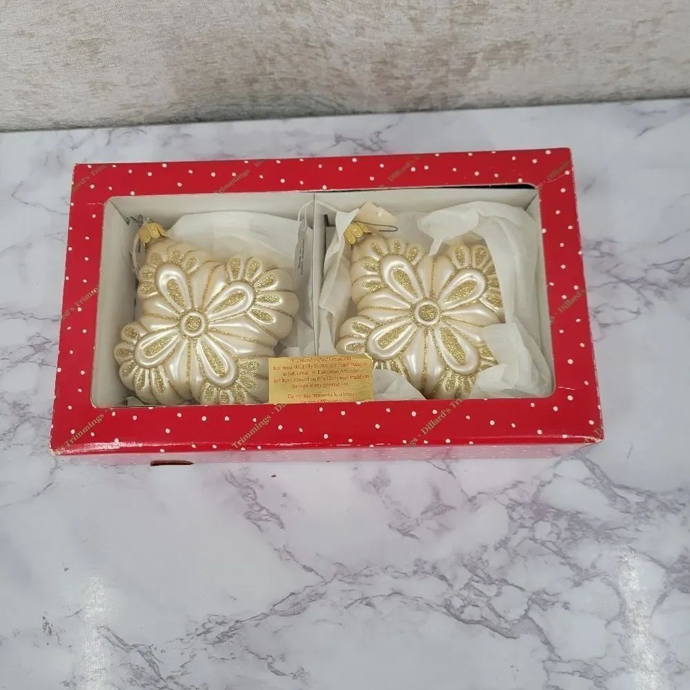 Vintage Gold and Cream Hand Blown and Painted Glass Ornaments European Artisan